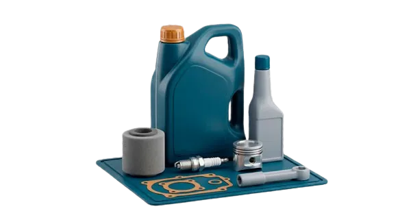 Ilustración de kit de mantenimiento 2T con lubricante y consumibles agrupados