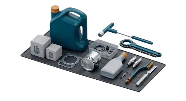 Ilustración de kit de mantenimiento 4T con lubricante y consumibles para taller