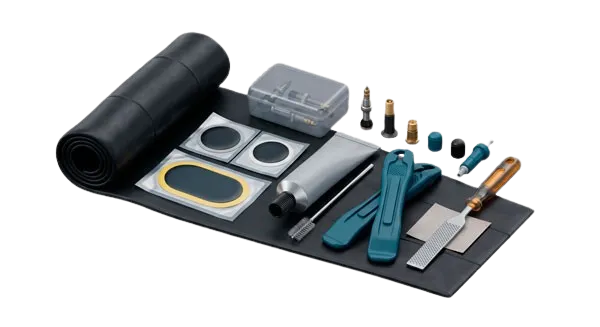 Ilustración de kit de reparación de cámara con lubricante, parches y consumibles agrupados