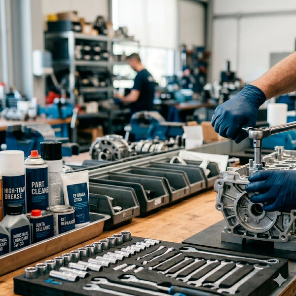 Banco de trabajo de un taller profesional con lubricantes y consumibles de reparación preparados para una compra técnica clara y rápida